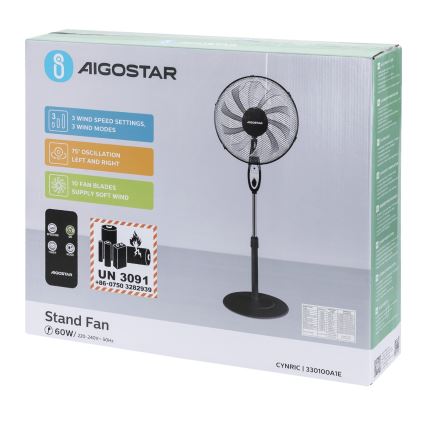 Aigostar - Stojanový ventilátor 55W/230V 130 cm čierny + diaľkové ovládanie