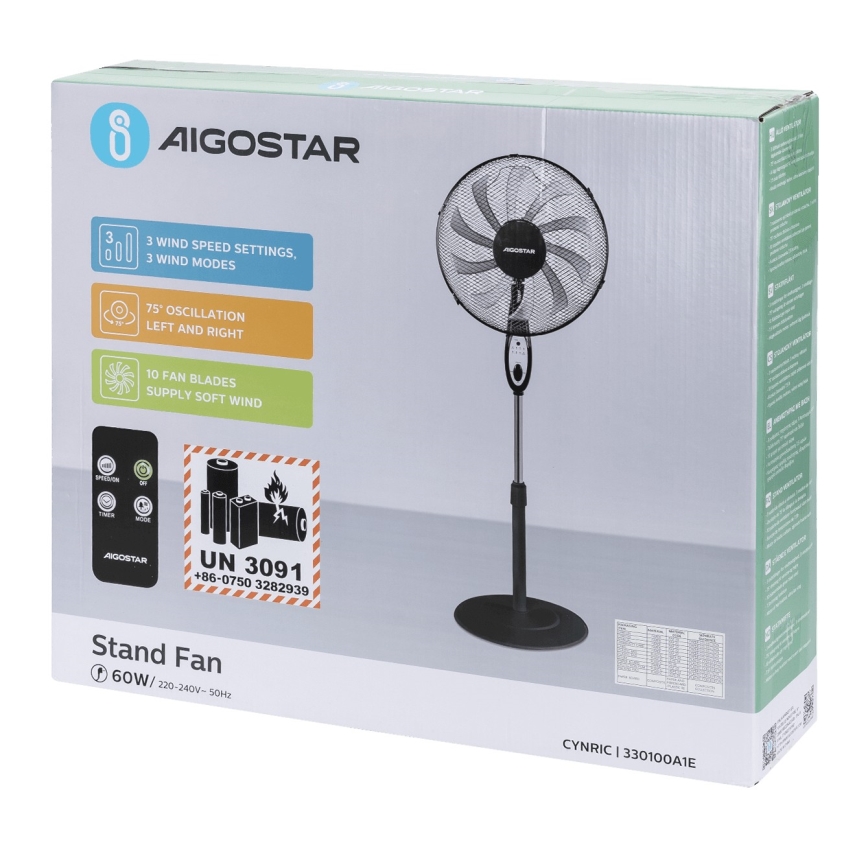 Aigostar - Stojanový ventilátor 55W/230V 130 cm čierny + diaľkové ovládanie