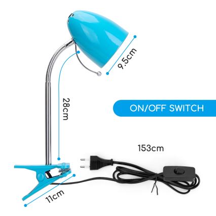 Aigostar -  Stolná lampa s klipom 1xE27/11W/230V modrá/lesklý chróm
