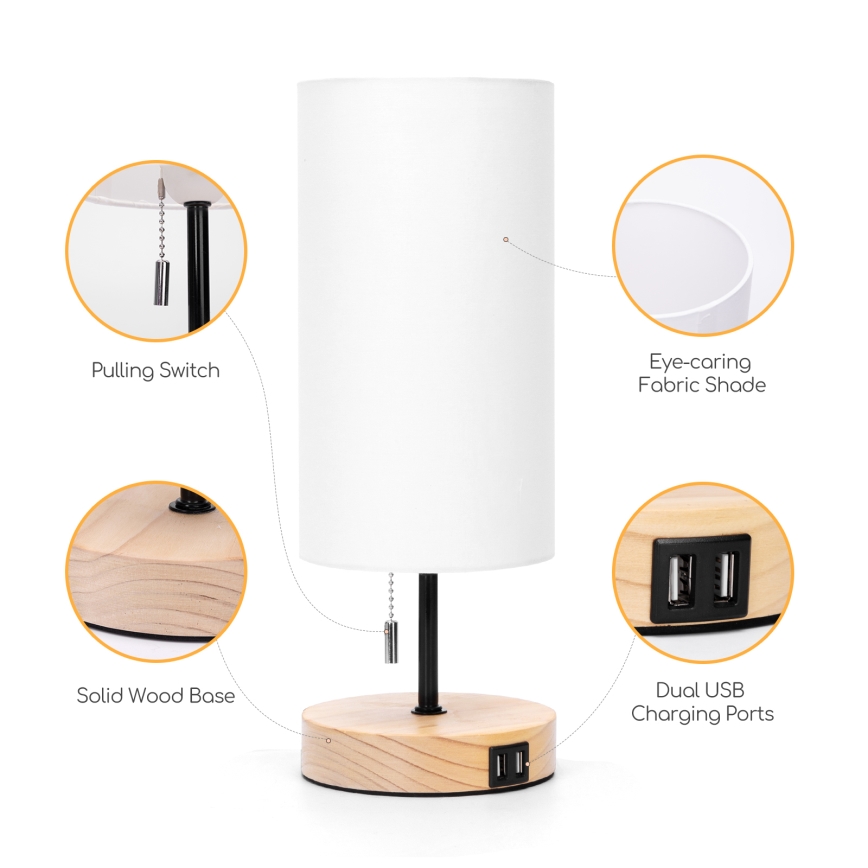 Aigostar - Stolná lampa s USB portom 1xE27/40W/230V čierna/krémová