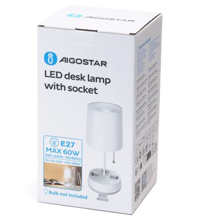 Aigostar - Stolná lampa so zásuvkami 1xE27/60W/230V biela