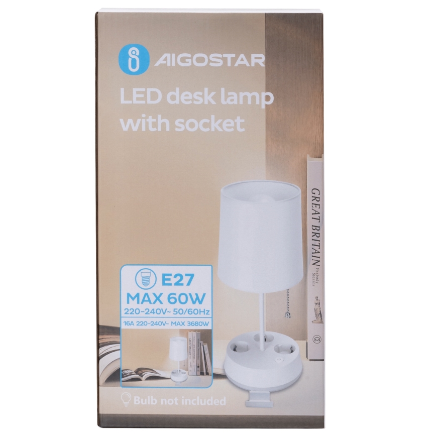 Aigostar - Stolná lampa so zásuvkami 1xE27/60W/230V biela