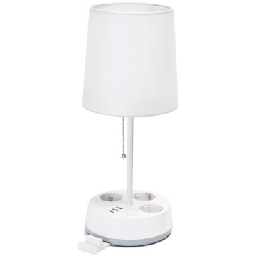 Aigostar - Stolná lampa so zásuvkami a USB portami 1xE27/60W/230V biela