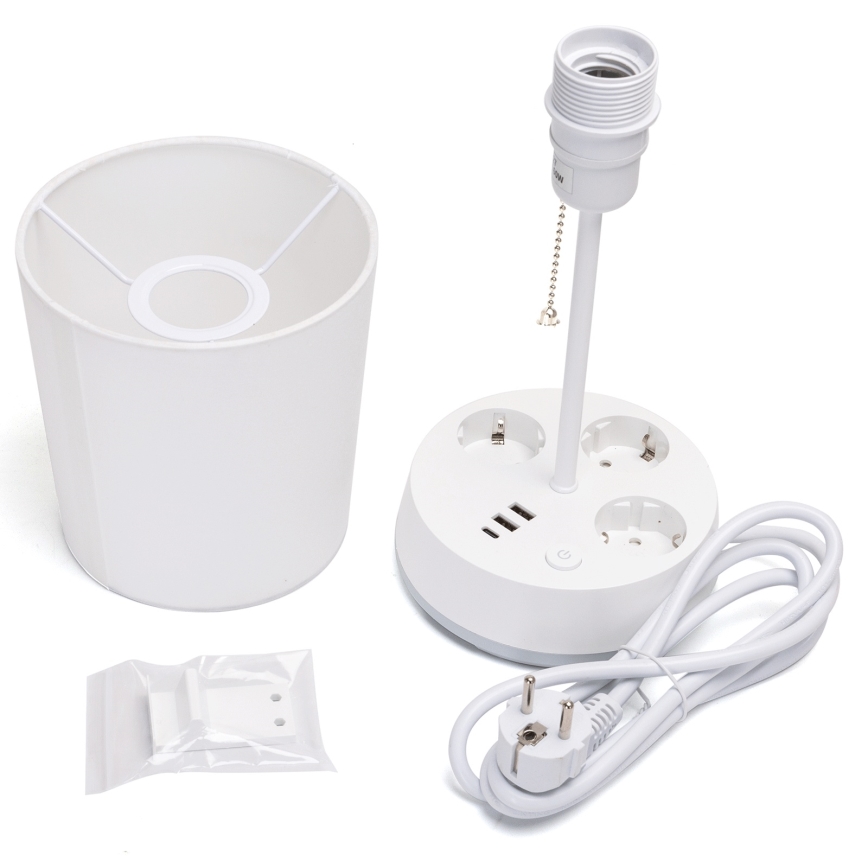 Aigostar - Stolná lampa so zásuvkami a USB portami 1xE27/60W/230V biela