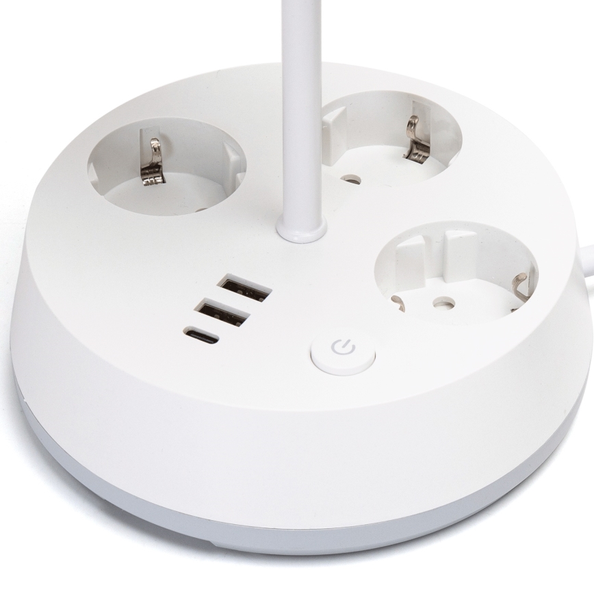 Aigostar - Stolná lampa so zásuvkami a USB portami 1xE27/60W/230V biela