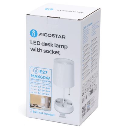 Aigostar - Stolná lampa so zásuvkami a USB portami 1xE27/60W/230V biela