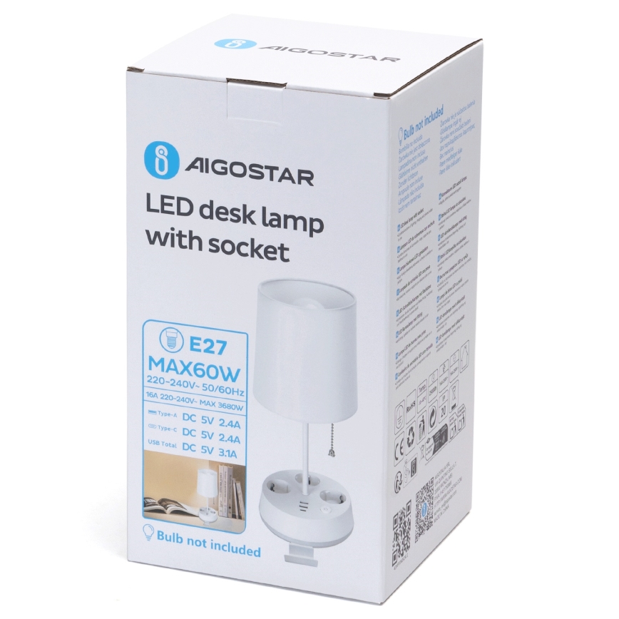 Aigostar - Stolná lampa so zásuvkami a USB portami 1xE27/60W/230V biela