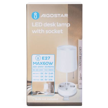 Aigostar - Stolná lampa so zásuvkami a USB portami 1xE27/60W/230V biela