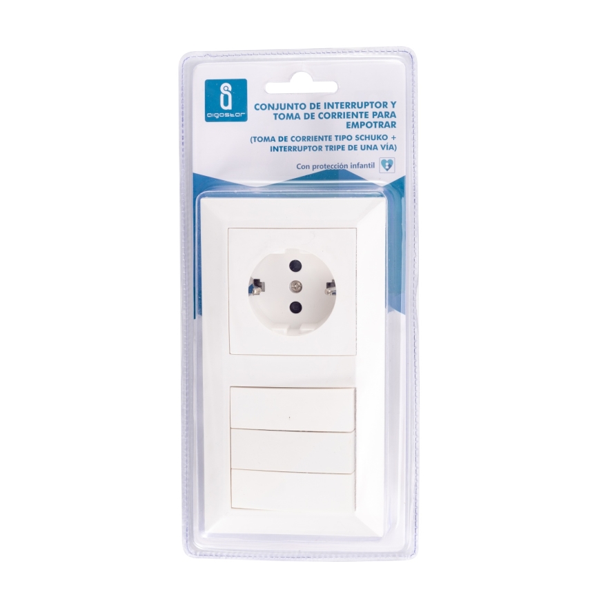 Aigostar - Trojitý vypínač č. 3 a zásuvka SCHUKO 230 V s rámikom, biela