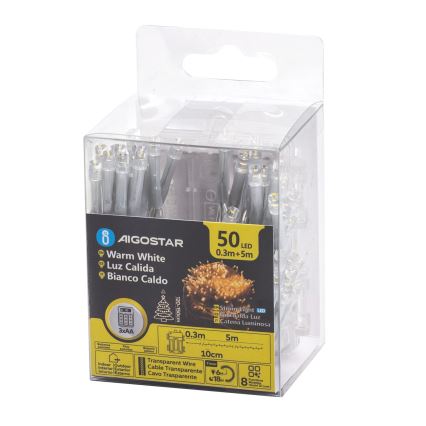 Aigostar - vonkajší LED reťaz 50xLED/8 funkcií 3xAA 5,3m IP44 teplá biela