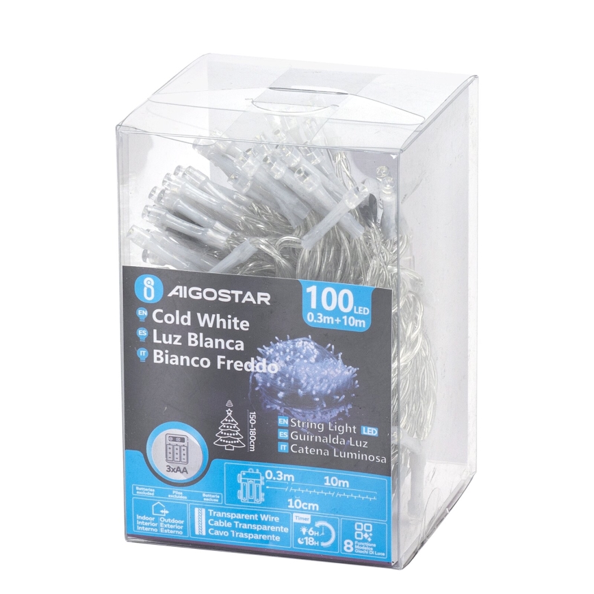 Aigostar - LED Vonkajšia  reťaz 100xLED/8 funkcí/3xAA 10,3m IP44 studená biela