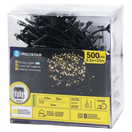 Aigostar - LED vonkajší reťaz 500xLED/8 funkcií 4xAA 25,3 m IP44 teplá biela