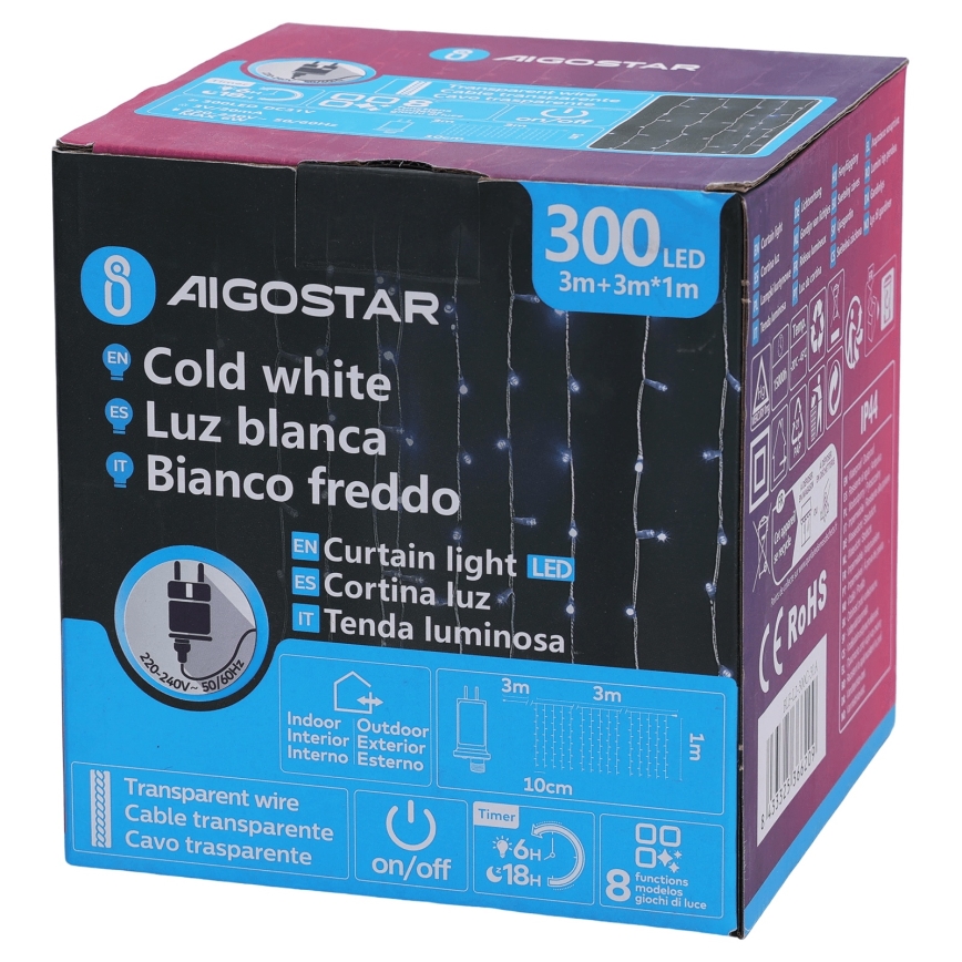 Aigostar - LED vonkajšia vianočná reťaz 300xLED/8 funkcií 3x1m IP44 studená biela + diaľkové ovládanie