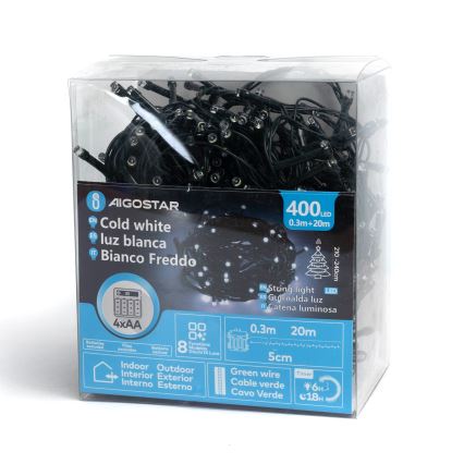 Aigostar - LED vonkajší vianočný svetelný reťazec, 400 LED, 8 funkcií, napájanie 4× AA, dĺžka 20,3 m, IP44, studená biela