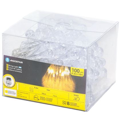 Aigostar - Vonkajší vianočný LED reťazec 100xLED/8 režimov 3xAA 10 m IP44 teplá biela kvapky