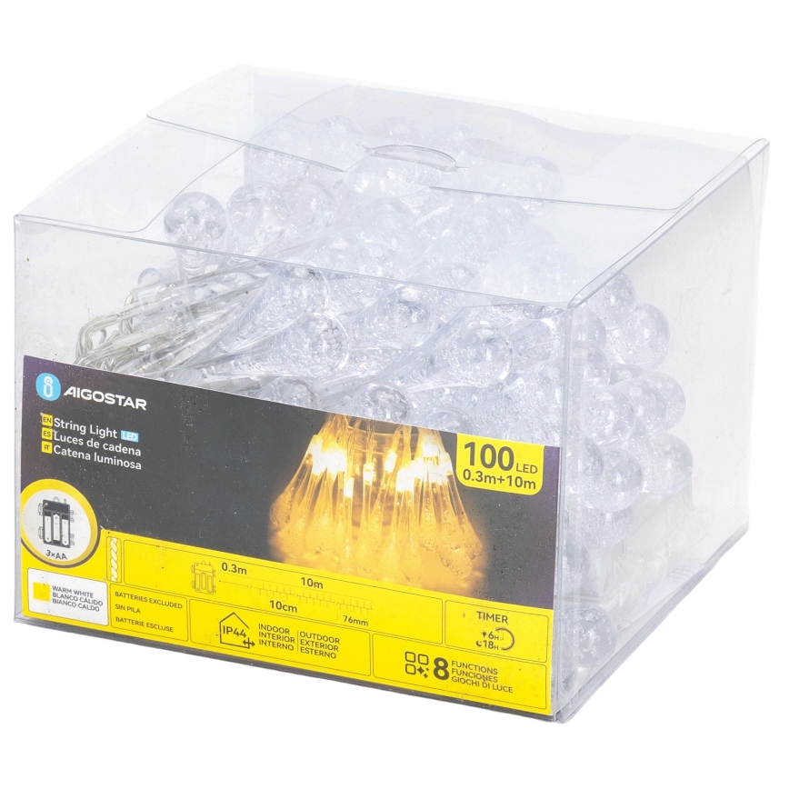 Aigostar - Vonkajší vianočný LED reťazec 100xLED/8 režimov 3xAA 10 m IP44 teplá biela kvapky