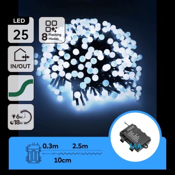 Aigostar - Vonkajší vianočný LED reťaz, 25×LED, 8 režimov, napájanie 3×AA, dĺžka 2,8 m, IP44, studená biela