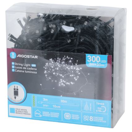 Aigostar - LED vonkajší vianočný svetelný reťaz 300 LED, 8 funkcií, 30 m, IP44, studená biela