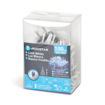 Aigostar - Vonkajšia vianočná LED reťaz 100xLED/8 funkcií 13m IP44 studená biela
