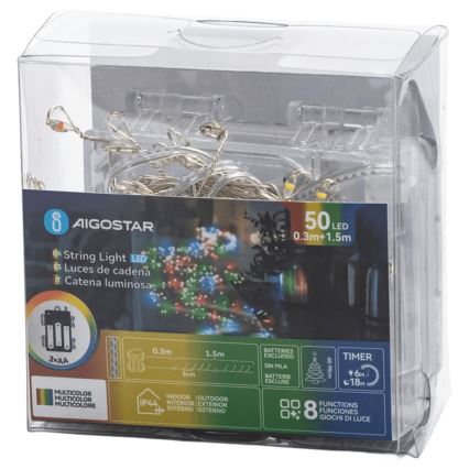 Aigostar - Vonkajšia vianočná LED reťaz 50xLED/8 funkcií 3xAA 1,8m IP44 viacfarebná