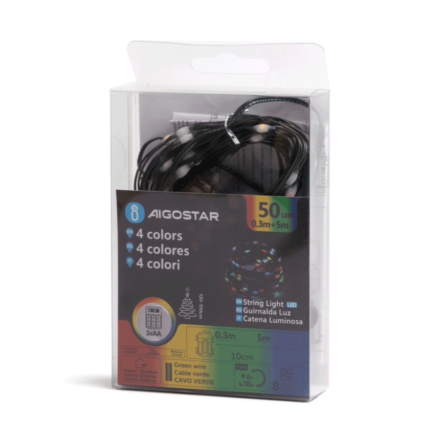 Aigostar - Vonkajšia vianočná LED reťaz 50xLED/8 funkcií 3xAA 5,3m IP44 viacfarebná