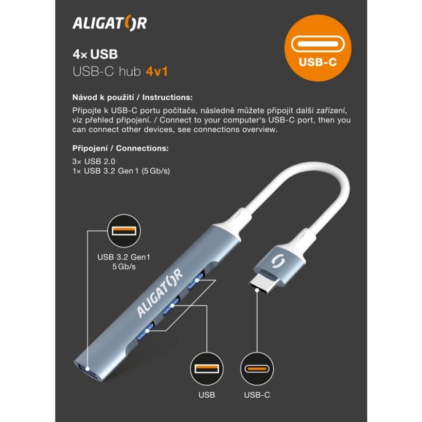 Aligator AHUB002 - USB-C rozbočovač 4v1