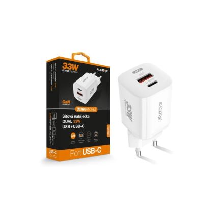 Aligator CHPD0020 - Rýchlonabíjací adaptér GaN s Power Delivery 33W USB-A + USB-C biely