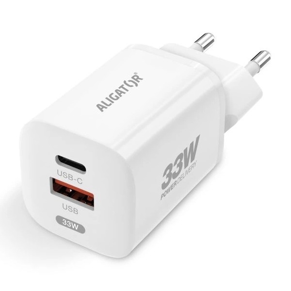 Aligator CHPD0020 - Rýchlonabíjací adaptér GaN s Power Delivery 33W USB-A + USB-C biely