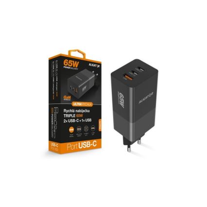 Aligator CHPD0027 - Rýchlonabíjací adaptér GaN Power Delivery 65W 2xUSB-C + USB-A čierna