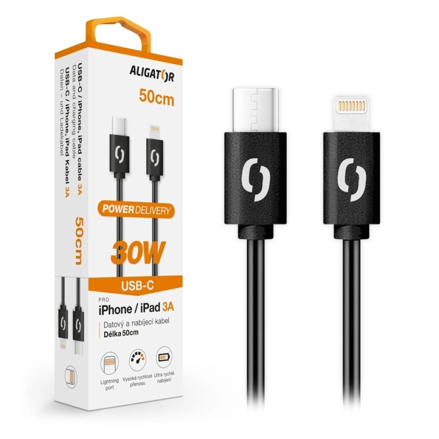 Aligator DATKP56 - USB kábel USB-C / Lightning 30 W Power Delivery 0,5 m čierna
