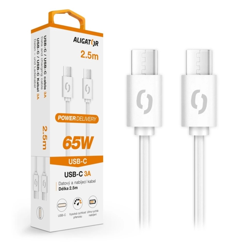 Aligator DATKP59 - USB kábel USB-C / USB-C 65W Power Delivery 2,5 m biela