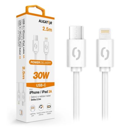 Aligator DATKP61 - USB kábel USB-C / Lightning, 30 W Power Delivery, 2,5 m, biely