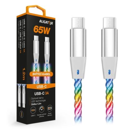 Aligator DATKP62 - USB kábel USB-C / USB-C s LED podsvietením 65 W Power Delivery 1,2 m