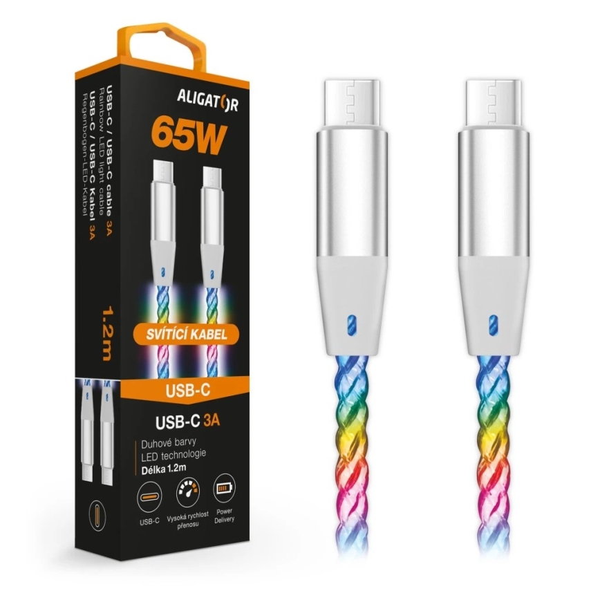Aligator DATKP62 - USB kábel USB-C / USB-C s LED podsvietením 65 W Power Delivery 1,2 m