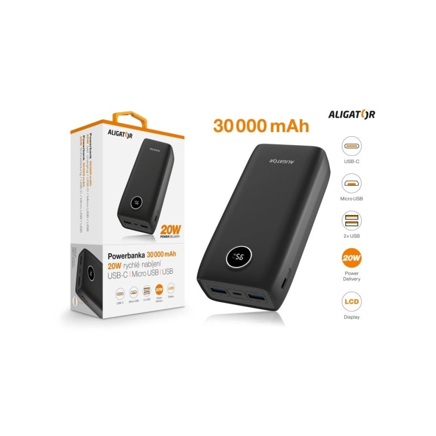 Aligator PBPD30BK - Powerbanka s LCD displejom Power Delivery 30000 mAh/20W/3,7V čierna