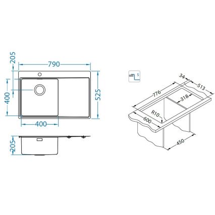 ALVEUS 1149516 - Kuchynský drez PURE 79x52,5 cm satin, pravé prevedenie + sifón s rýchlouzáverom