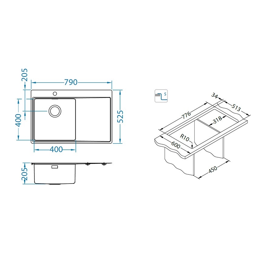 ALVEUS 1149516 - Kuchynský drez PURE 79x52,5 cm satin, pravé prevedenie + sifón s rýchlouzáverom