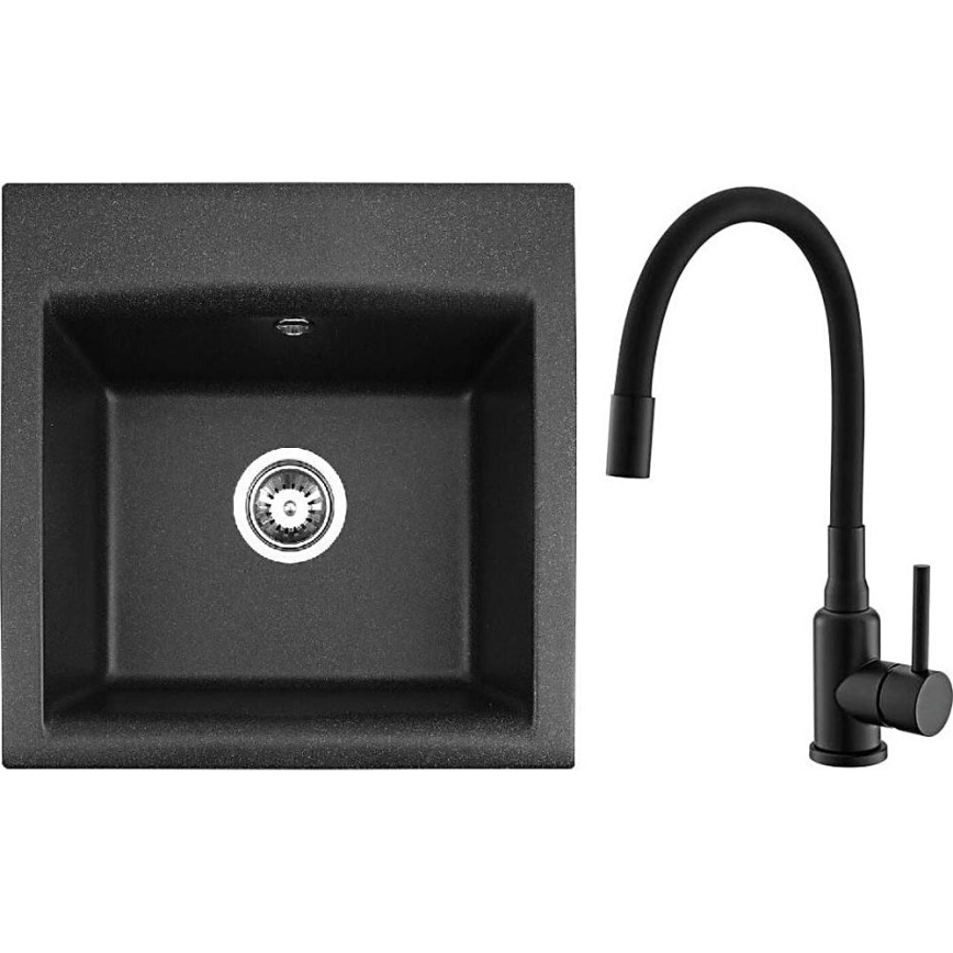 ALVEUS SETA23193 - Kuchynský drez ATROX 50x50 cm + drezová batéria MINTAS 34 cm s flexibilným ramenom, granit/matná čierna