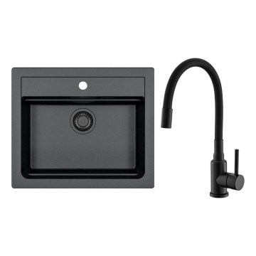 ALVEUS SETA23228 - Kuchynský drez ATROX 59x50 cm + drezová batéria s flexibilným ramienkom MINTAS 34 cm granit/matná čierna