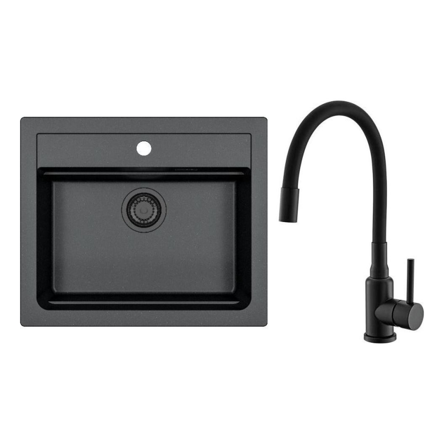 ALVEUS SETA23228 - Kuchynský drez ATROX 59x50 cm + drezová batéria s flexibilným ramienkom MINTAS 34 cm granit/matná čierna