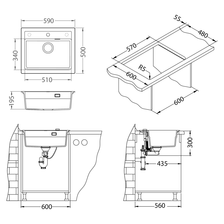 ALVEUS SETA23228 - Kuchynský drez ATROX 59x50 cm + drezová batéria s flexibilným ramenom MINTAS 34 cm granit/matná čierna