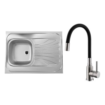 ALVEUS SETA24019 - Kuchyňský dřez CLASSIC 80x60 cm + dřezová baterie s flexibilním ramínkem MINTAS 34 cm kartáčovaná ocel/černá