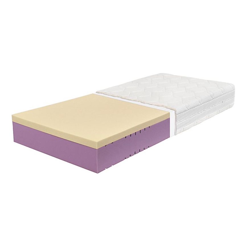 Matrac je rozrezaný, odhaľujúc vrstvy: svetložltá vrstva peny, fialová základňa a vrchná biela vrstva s prešívaným vzorom. Na obrázku nie je žiadny text.