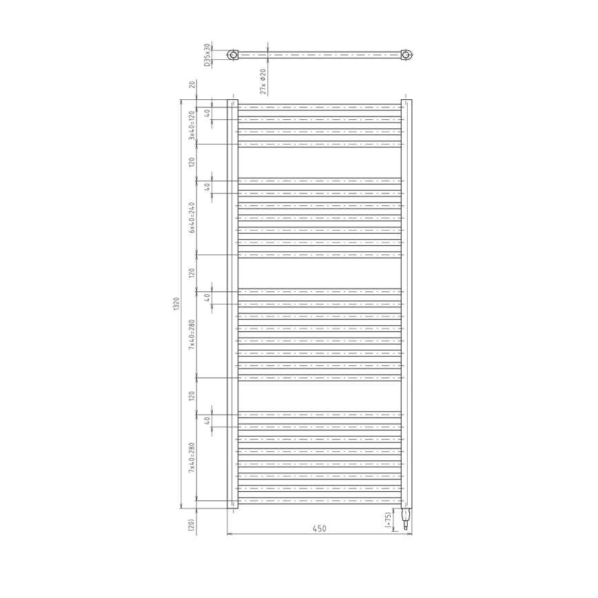 Aqualine - Kúpeľňový elektrický radiátor DIRECT-E 400W/230V 132 cm matná čierna rovný