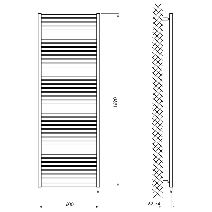 Aqualine - Kúpeľňový elektrický radiátor TONDI-E 800W/230V 169 cm matná čierna rovný