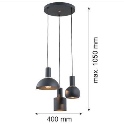 Argon 1472 - Luster na lanku SINES 3xE27/15W/230V čierna