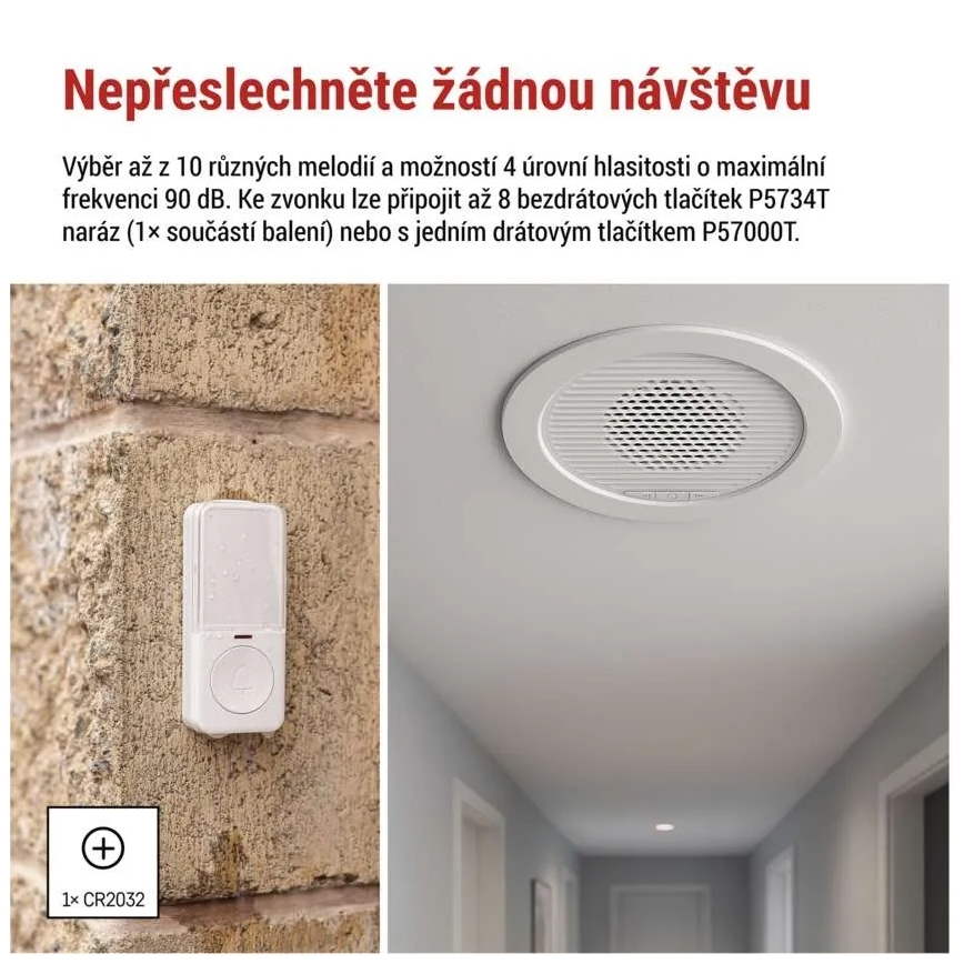 Bezdrôtový vstavaný zvonček 230V + 1xCR2032 biely
