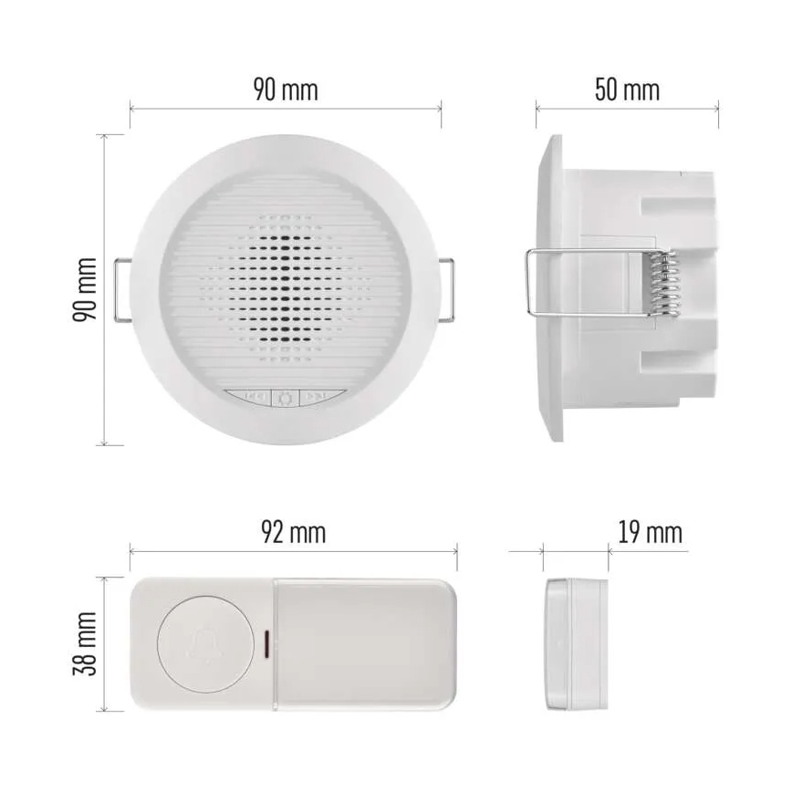 Bezdrôtový vstavaný zvonček 230V + 1xCR2032 biely