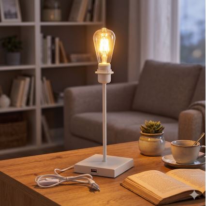 Biela stolná lampa s USB portom 1xE27/15W/230V
