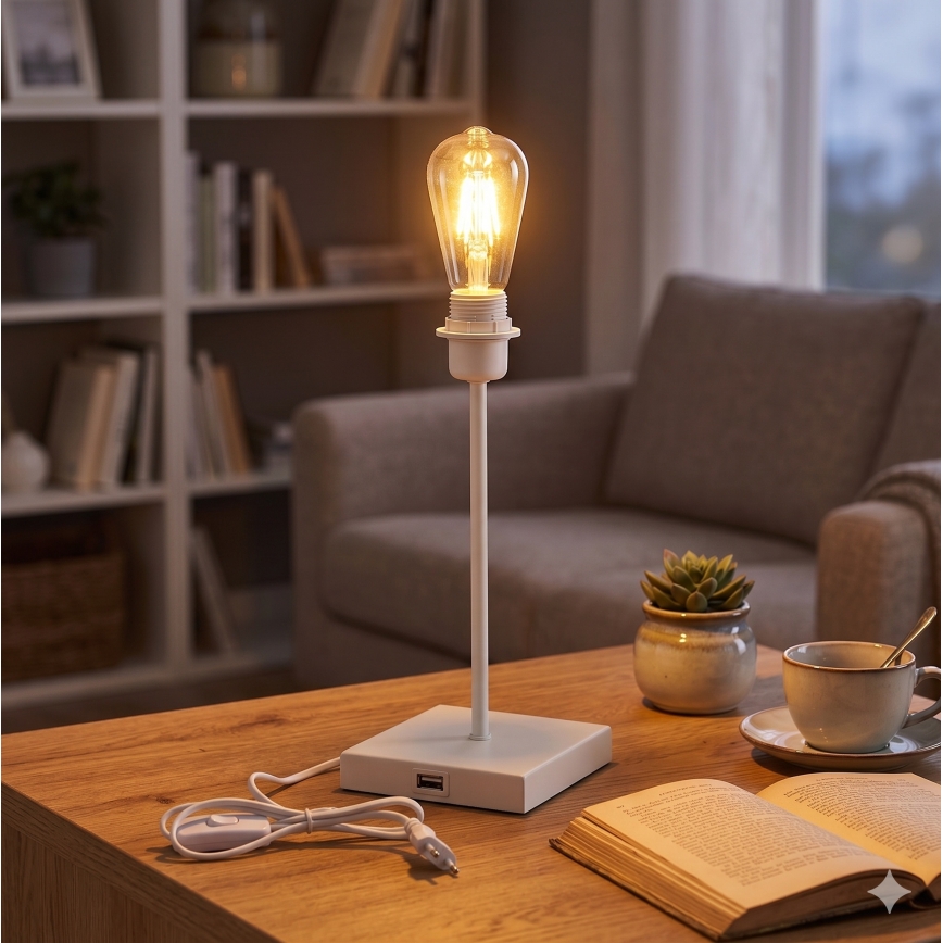 Biela stolná lampa s USB portom 1xE27/15W/230V